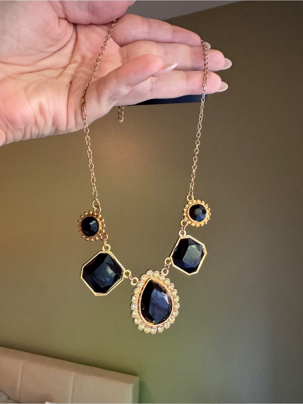 Gold-Tone Black Gem Teardrop Necklace by